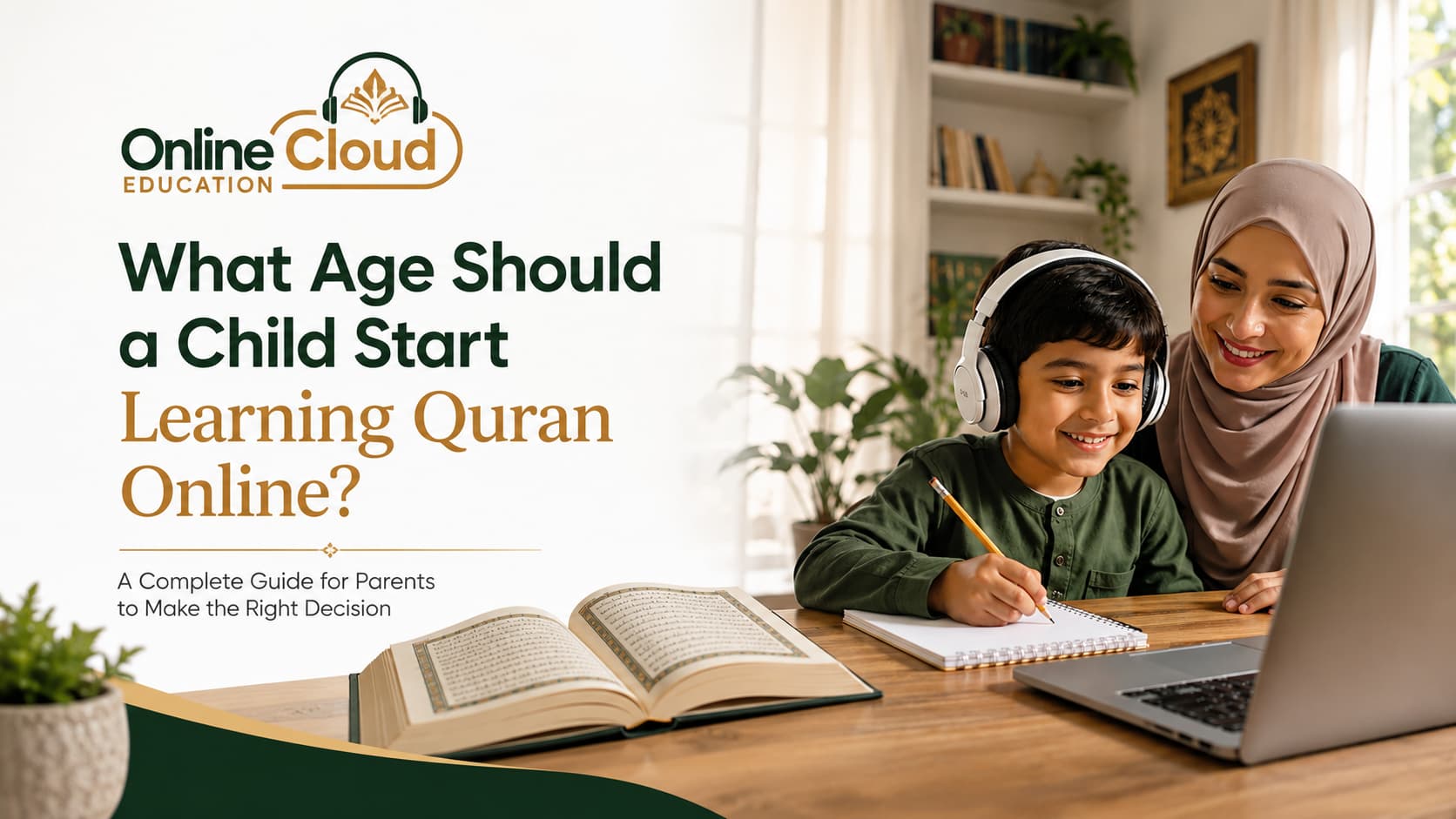 Mother and son doing an online Quran class together at home with a laptop