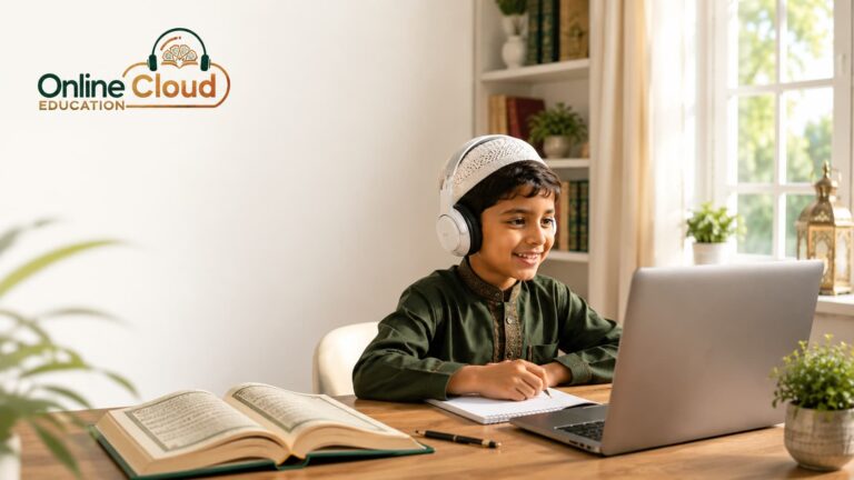 Young boy wearing headphones attending an online Quran class on a laptop